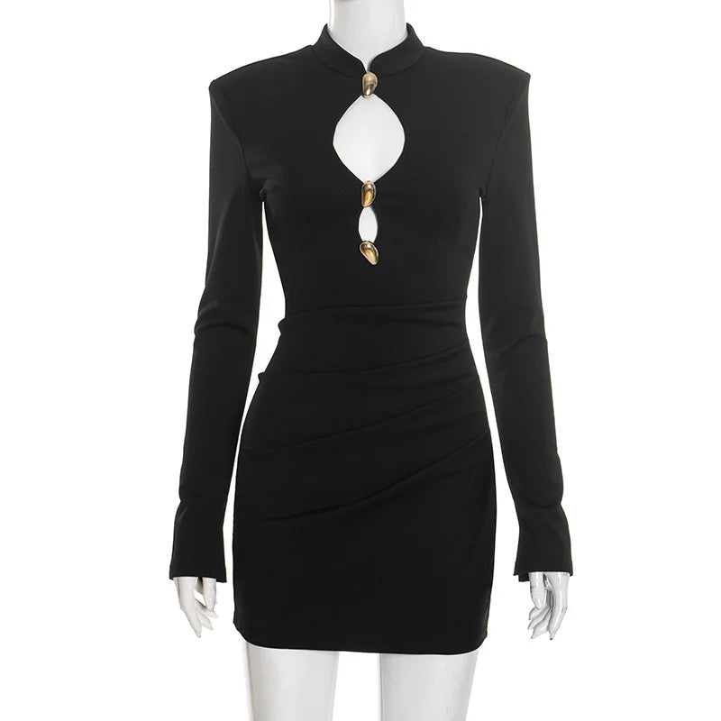 Mozision Hollow Out Long Sleeve Sexy Mini Dress Women Gown Elegant Winter New Half High Collar Metal Buckle Club Party Dresses