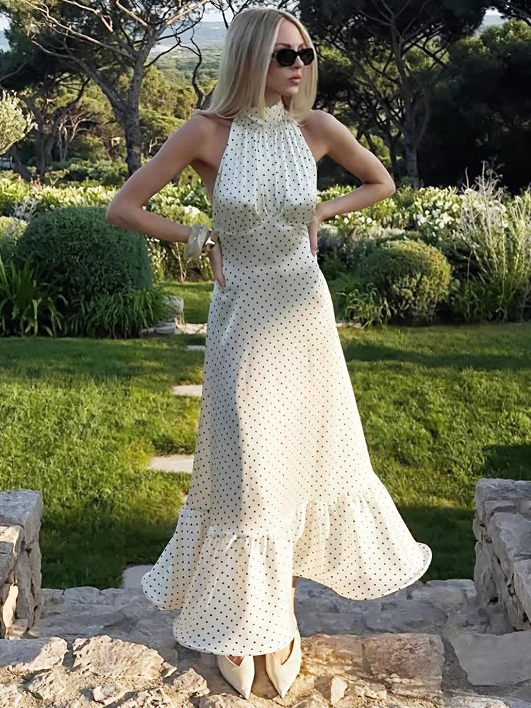 Mozision Polka Dot Ruched Ruffle Sexy Midi Dress Women Gown Fashion Halter Sleeveless Backless High Waist Club Long Dresses Wofashion.xyz
