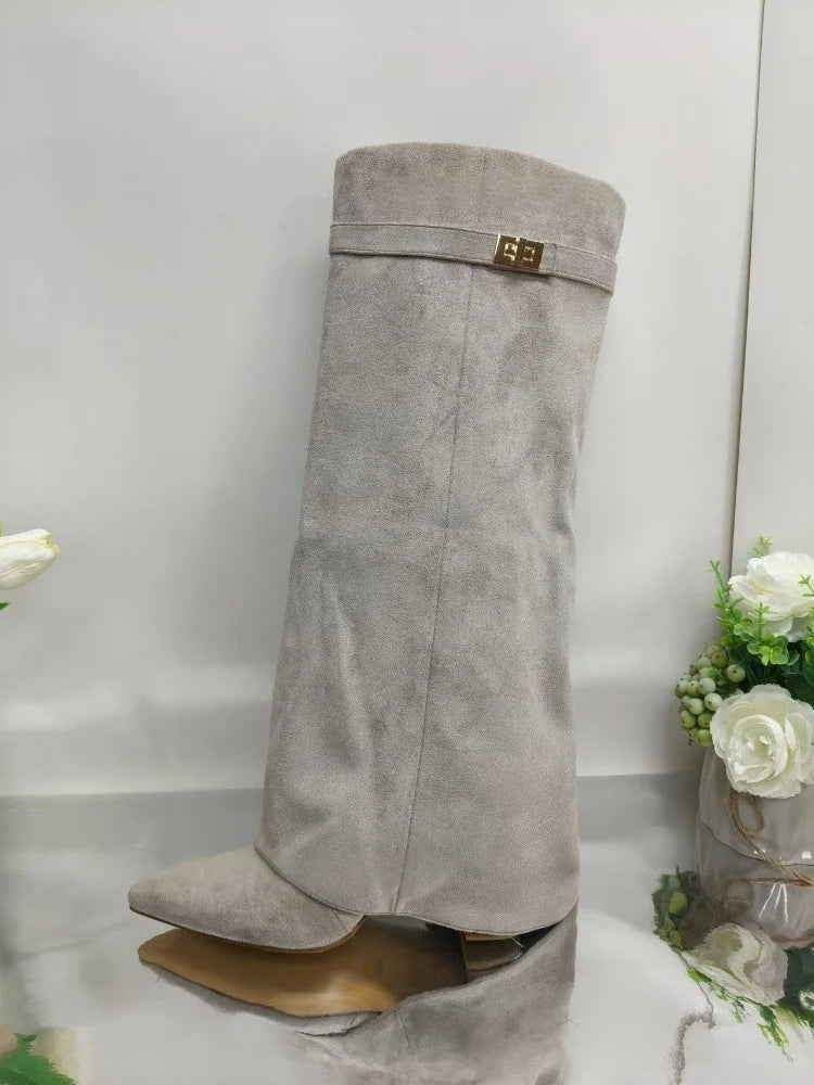 European and American Autumn and Winter New Pointed Straight Leg Skirt Boots for Women, Large Size Thick High Heels Pants Boots