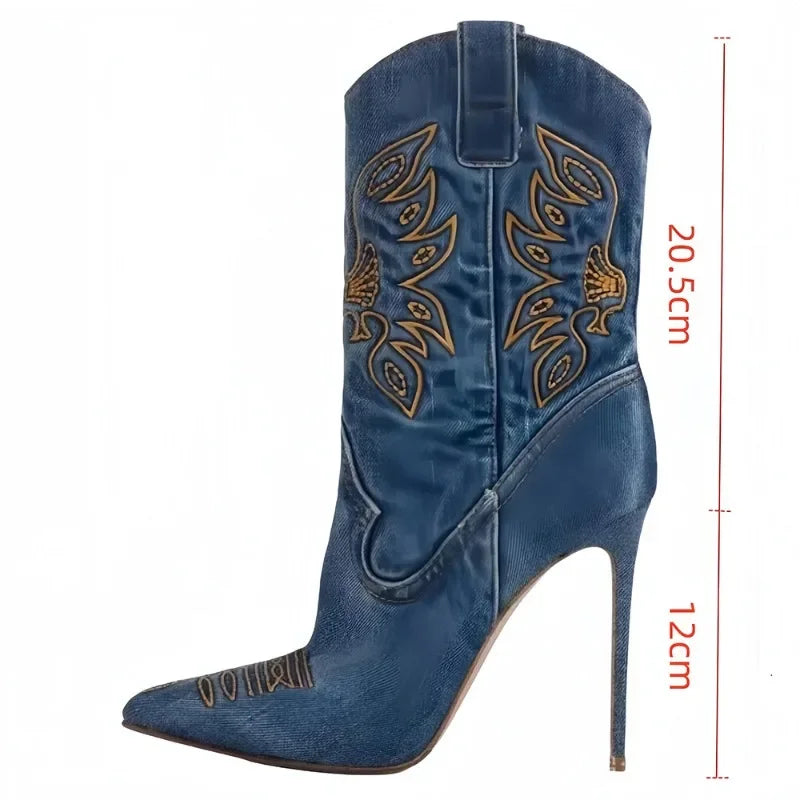 Western European Cowboy Style Pointed Stiletto High Heels Embroidered Knight Fashion Boots Women's Sexy Water Diamond Boots