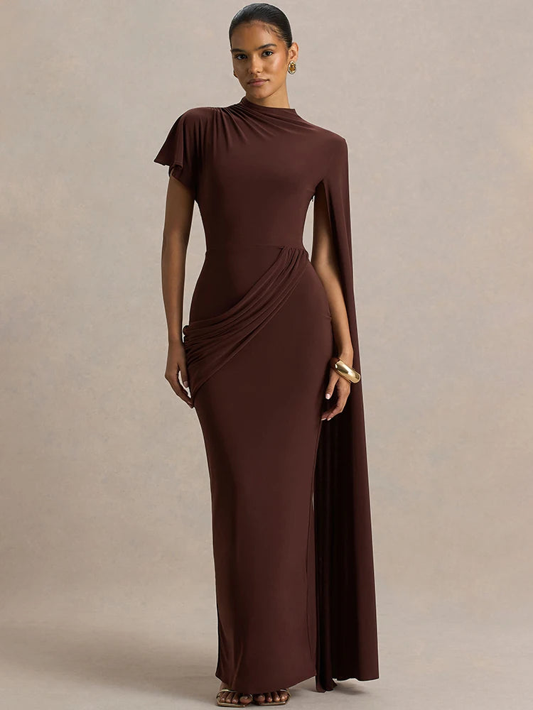 Mozision One Long Cape Sleeve Sexy Maxi Dress Women Gown Elegant O Neck Half High Collar High Waist Ruched Club Party Long Dress