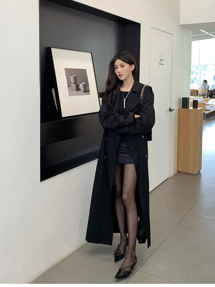 Lautaro Spring Autumn Long Black Hard Waterproof Trench Coat for Women Belt Double Breasted High Quality Luxury Overcoat 2024