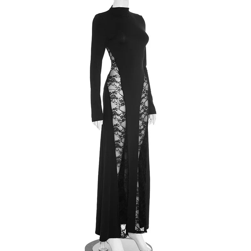 Mozision Lace See Through Long Sleeve Sexy Maxi Dress Women Black Patchwork Hollow Out High Waist Bodycon Club Party Long Dress