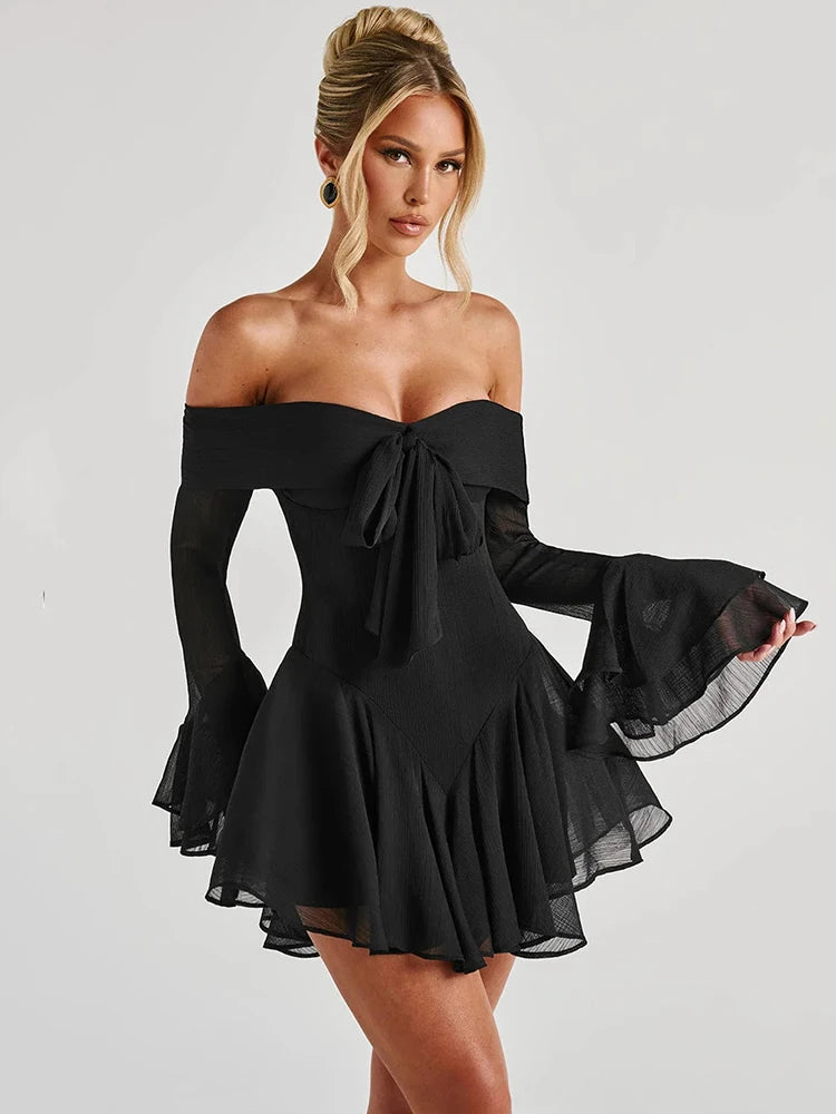 Mozision Strapless Long Flare Sleeve Sexy Mini Dress For Women Robe Off-shoulder Backless High Waist A-line Club Party Dress