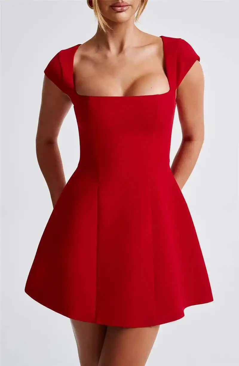 Mozision Square Collar Short Sleeve Mini Dress For Women Robe New Fashion Solid A-line Loose High Waist Short Dress Elegant