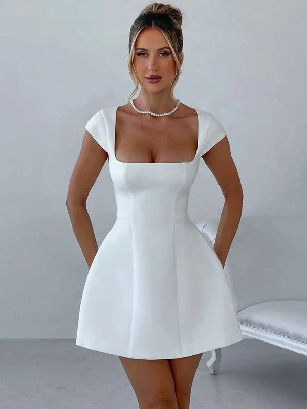 Mozision Square Collar Short Sleeve Mini Dress For Women Robe New Fashion Solid A-line Loose High Waist Short Dress Elegant Wofashion.xyz