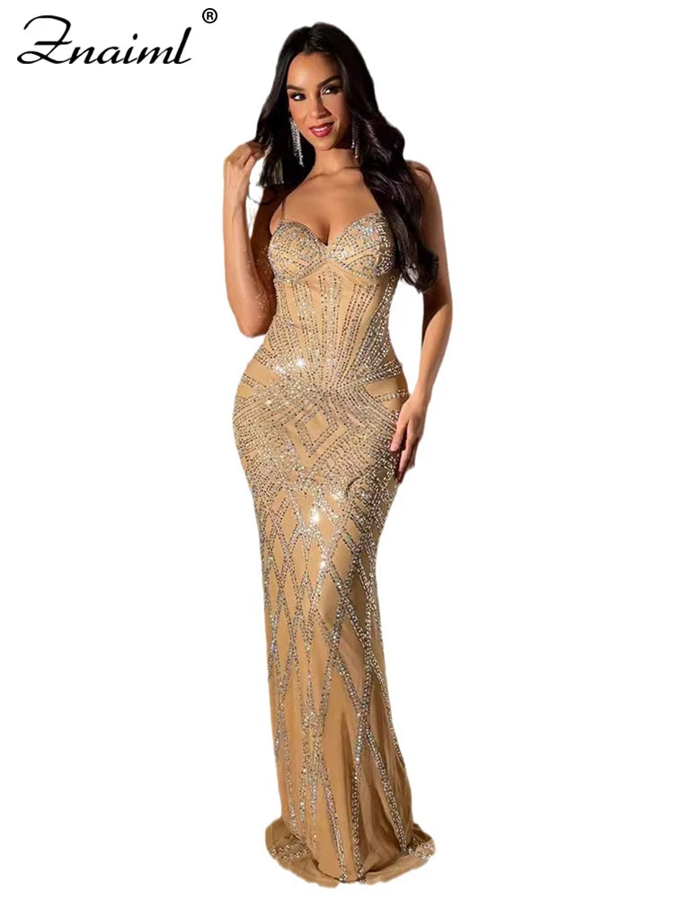 Znaiml Luxury Women Celebrity Spaghetti Strap Sleeveless Prom Formal Mermaid Maxi Dress Sexy Sparkly Rhinestone Birthday Vestido