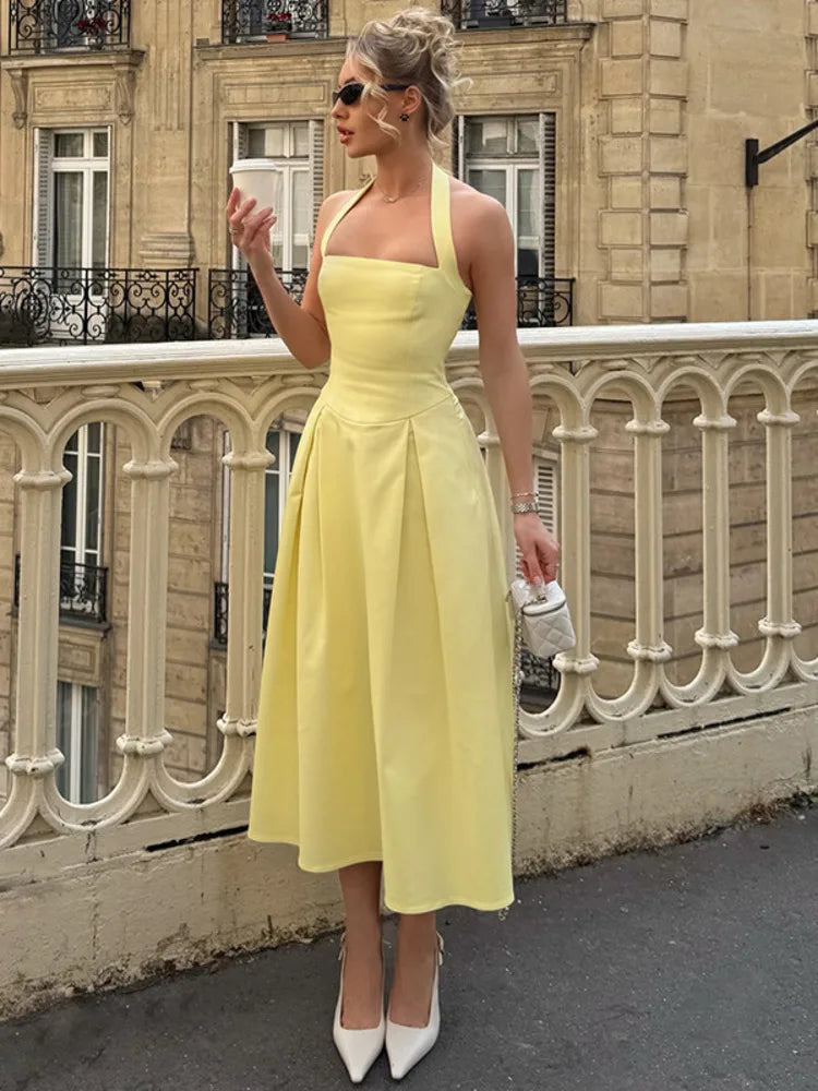 Mozision Halter Backless Sexy Midi Dress Women Fashion Solid Sleeveless High Waist A-line Club Party Pleated Long Dresses Female Wofashion.xyz