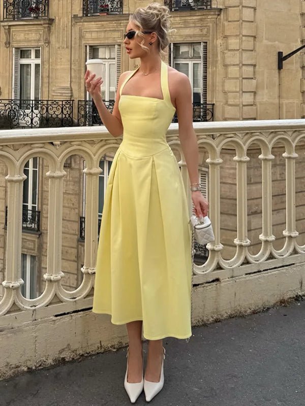 Mozision Halter Backless Sexy Midi Dress Women Fashion Solid Sleeveless High Waist A-line Club Party Pleated Long Dresses Female Wofashion.xyz