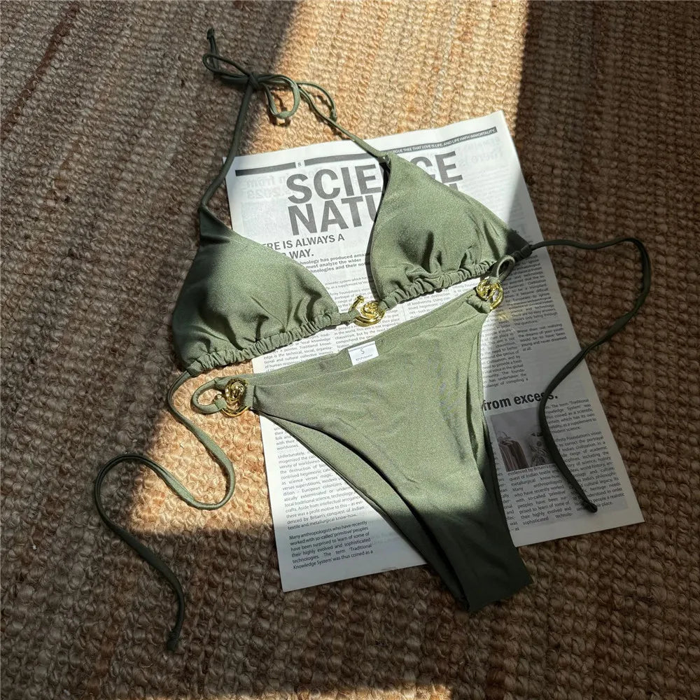 Solid Orange Swimwear Metal Ring String Halter Triangle Micro Bikini Thong Sexy Swimsuit Women 2025 Bathing Suit Bikinis Sets