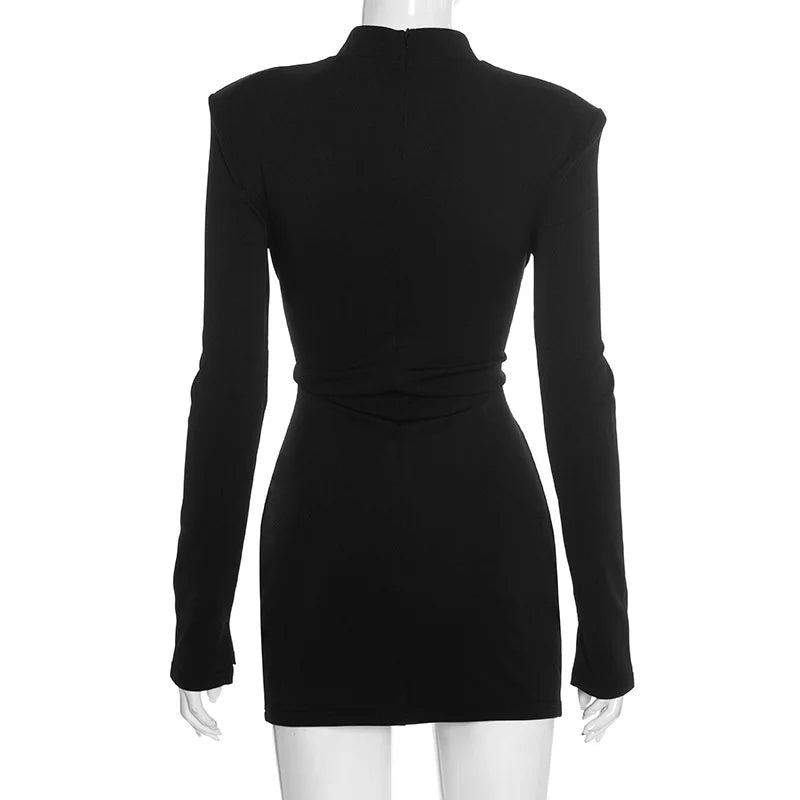 Mozision Hollow Out Long Sleeve Sexy Mini Dress Women Gown Elegant Winter New Half High Collar Metal Buckle Club Party Dresses
