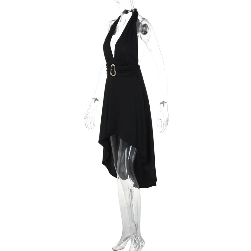 Mozision Deep V-neck Lace-up Sexy Maxi Dress For Women Metal Buckle Off-shoulder Sleeveless Backless Fashion Club Party Dress