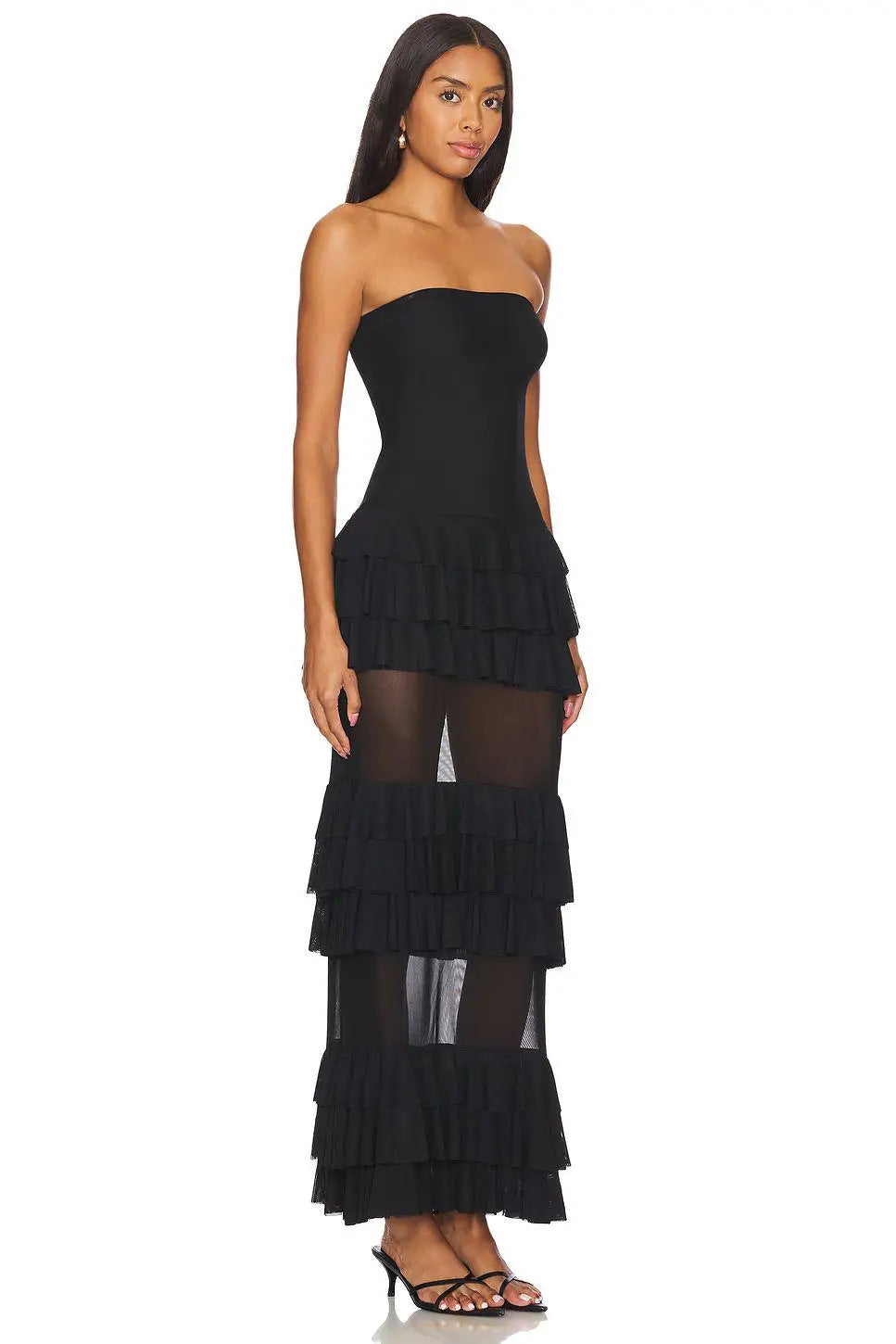 New 2025 Women Celebrity New Sexy Strapless Black Lace Mesh Long Bodycon Dress Elegant Evening Party Club Dress