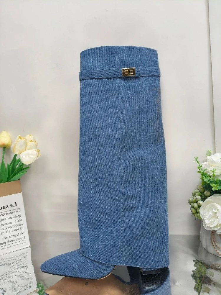 European and American Autumn and Winter New Pointed Straight Leg Skirt Boots for Women, Large Size Thick High Heels Pants Boots