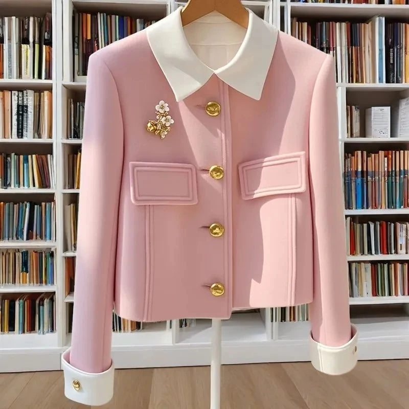 New Autumn And Winter 2025 Pink Padded Single-Breasted Women's Woolen Coat Unique Korean Version Temperament Ladies Jacket