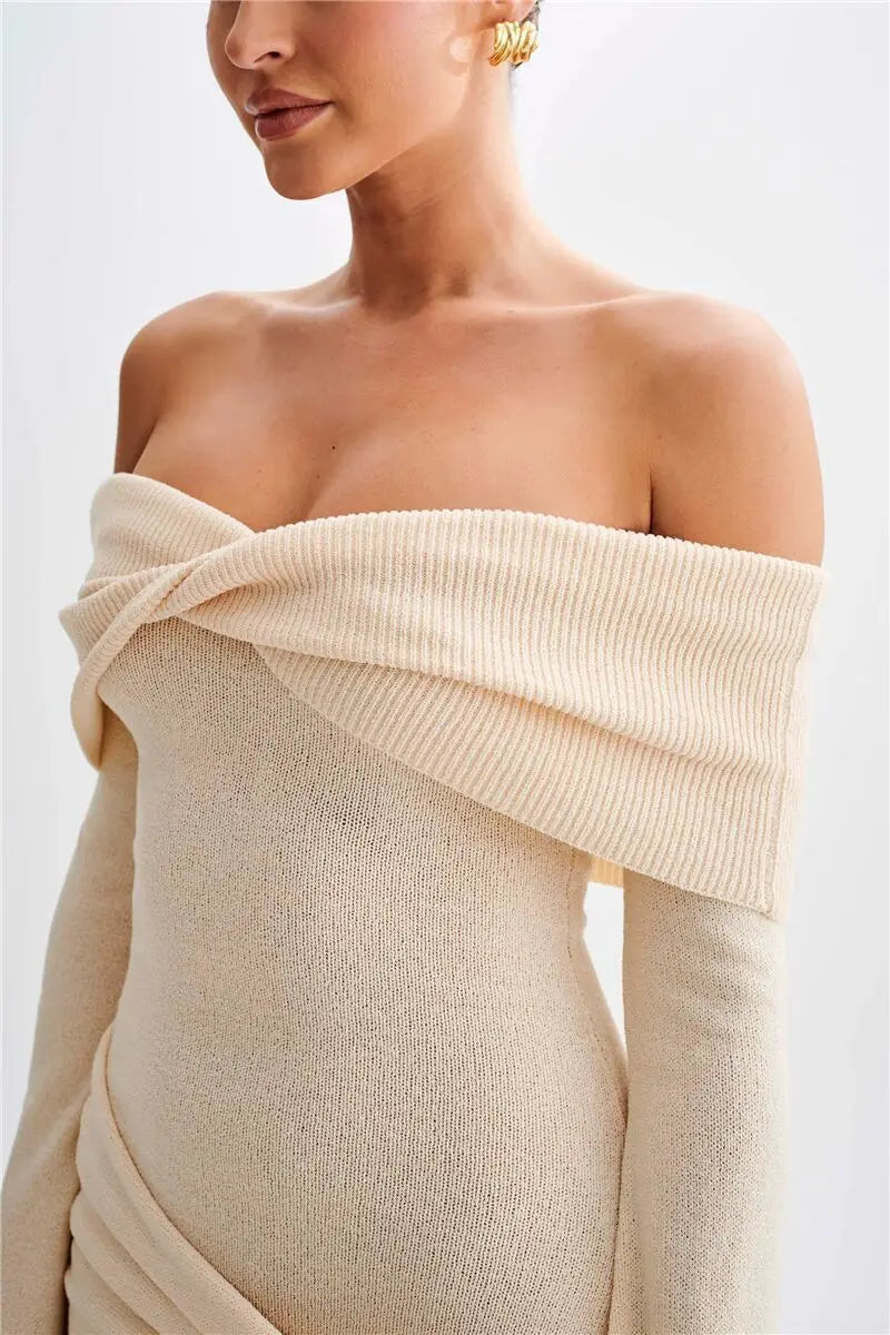 Mozision Off-shoulder Knit Mini Dress For Women Autumn Winter New Strapless Backless Long Sleeve Ruched Draped Knitted Dress