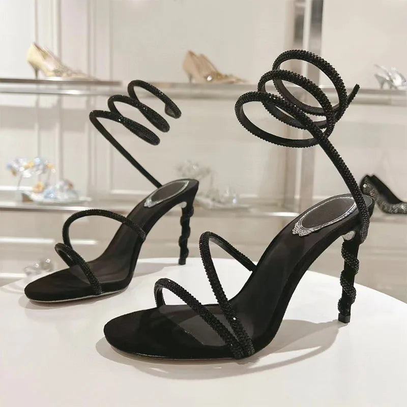 Luxury High Heels Sandals Woman Rhinestone Snake Twine Around Ankle Strap Wedding Shoes Stiletto Summer Gladiator Sandals Women