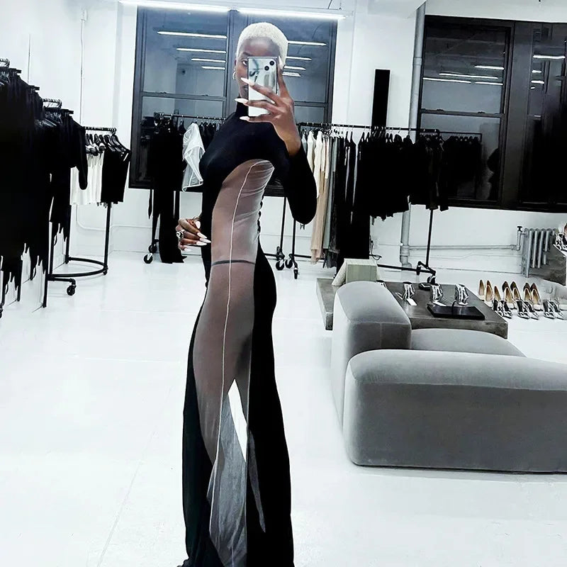 Black Maxi Dresses For Women Side See Through Vestidos Elegantes Para Mujer Slim One-Pieces Sexi Night Dress Hot Club Outfit