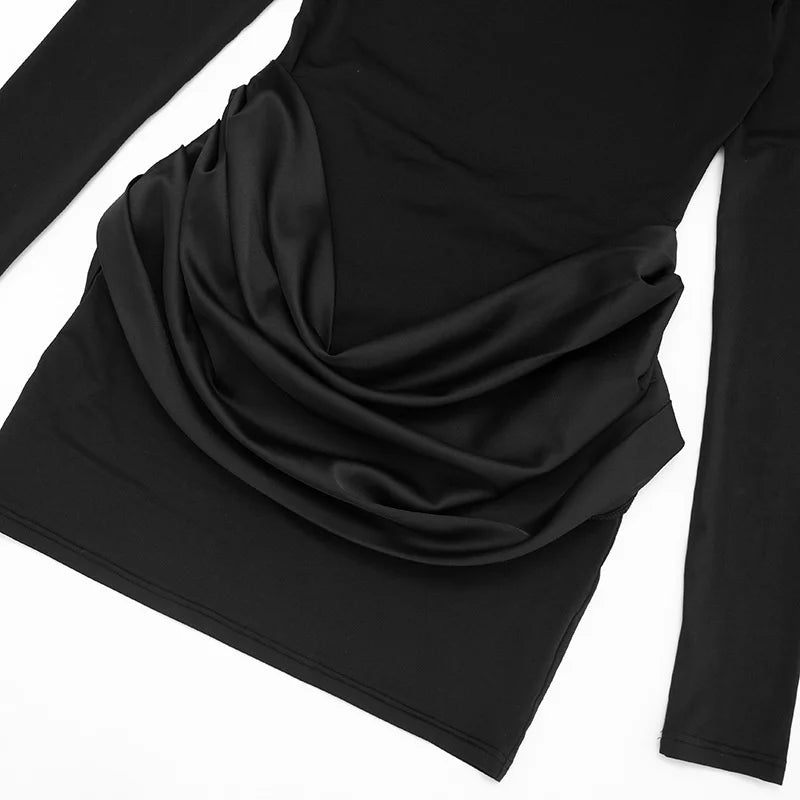 Mozision Long Sleeve Ruched Sexy Mini Dress Women Gown Elegant Satin Patchwork O Neck High Waist Club Party Dresses Fashion