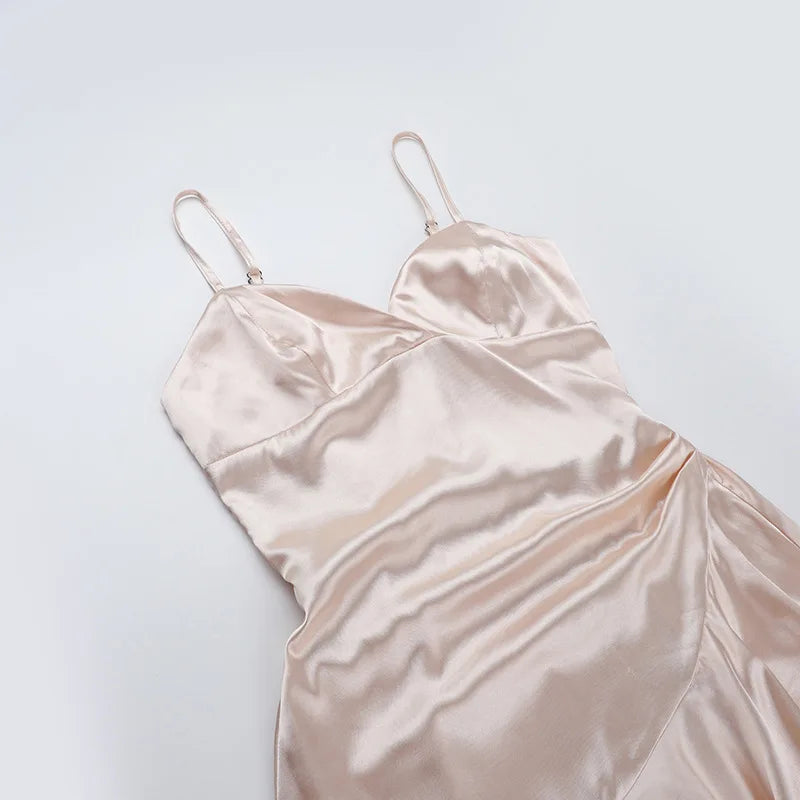 NIDANSSI Satin Ruffle Slim Backless Evening Party Dress Women Robes Bodycon Elegant Sexy Dress Midi Long Summer Dress Vestidos