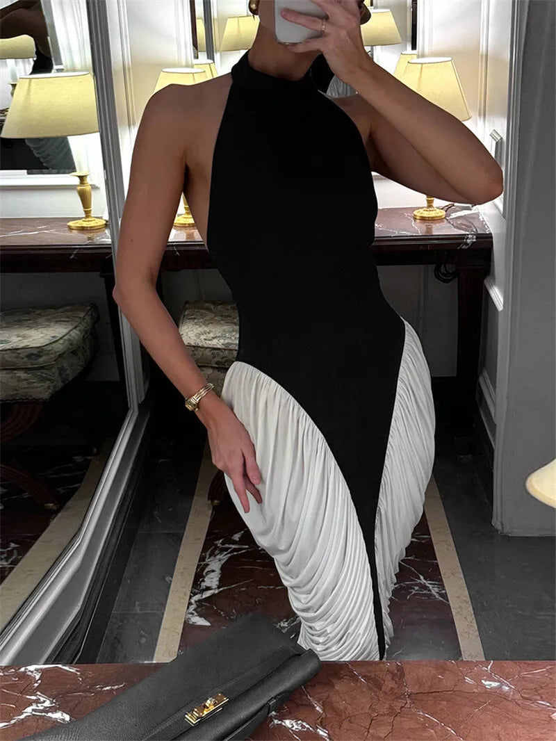 Mozision Patchwork Halter Backless Sexy Midi Dress Women Gown Elegant Fashion Contrast Color Sleeveless Pleated Long Dress