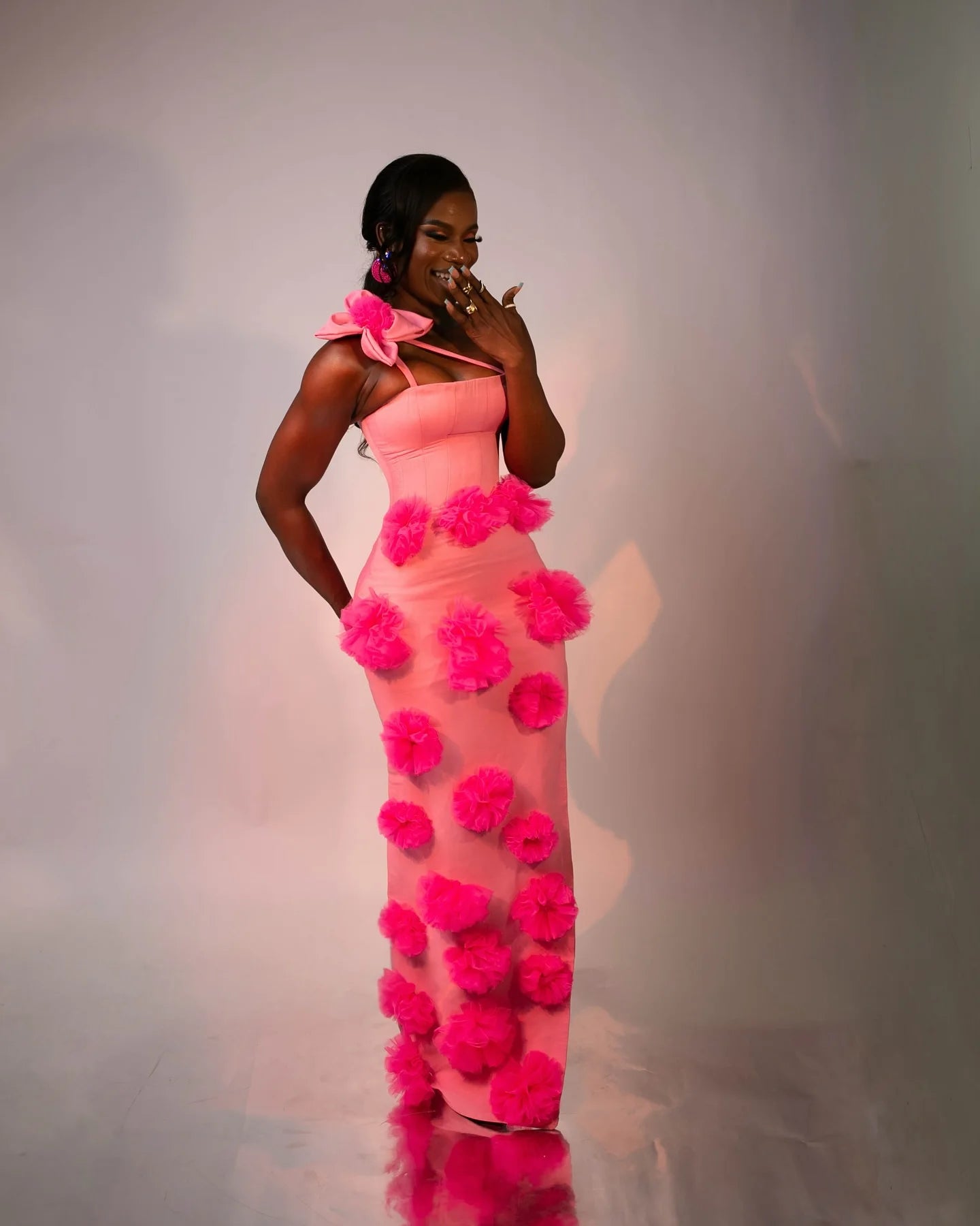 Cute Pink Ruffle Flowers Evening Dresses One Shoulder Side Slit Tulle Ball Blossom Birthday Dress Photoshoot Wedding Party Dress