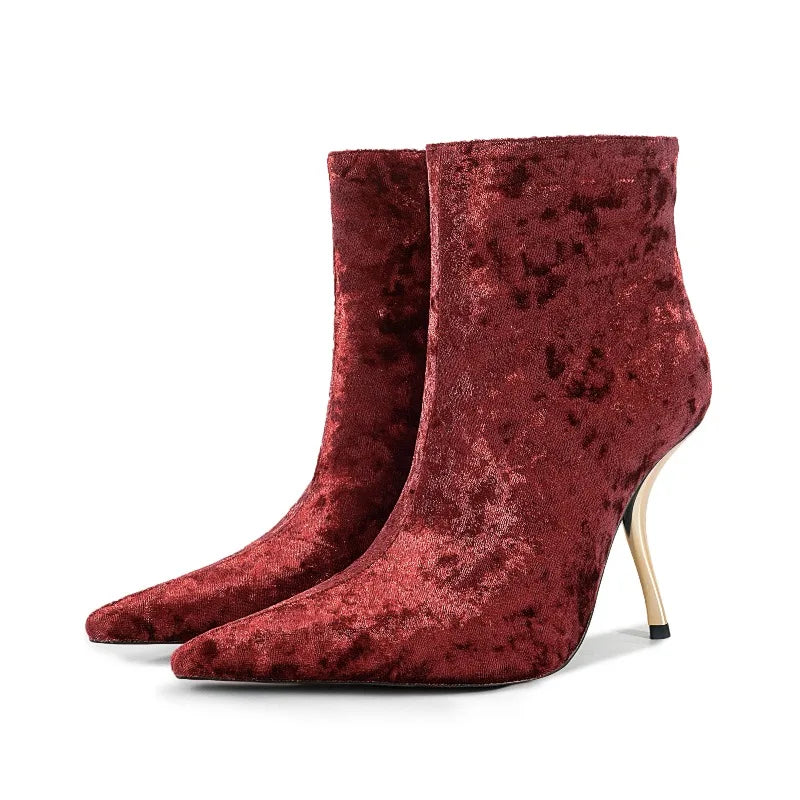 2025European AndAmerican Women's Autumn Andwinter New Style Metal High Heels,advanced Stonepattern Sidezipper Pointed Shortboots