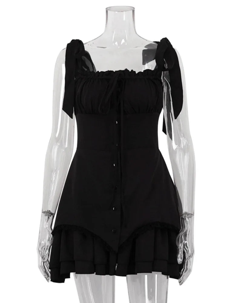 Mozision Sleeveless Ruffled Sexy Mini Dress For Women Robe Spaghetti Strap Backless Lace-up Bodycon Dress Elegant Clubwear