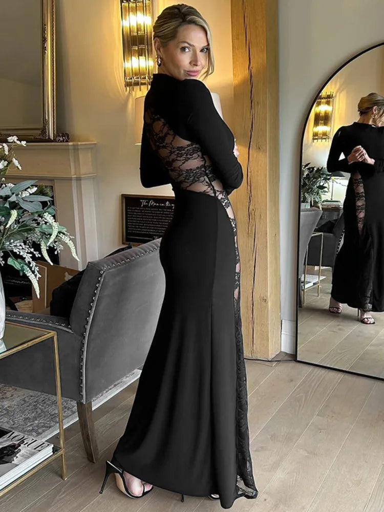 Mozision Lace See Through Long Sleeve Sexy Maxi Dress Women Black Patchwork Hollow Out High Waist Bodycon Club Party Long Dress