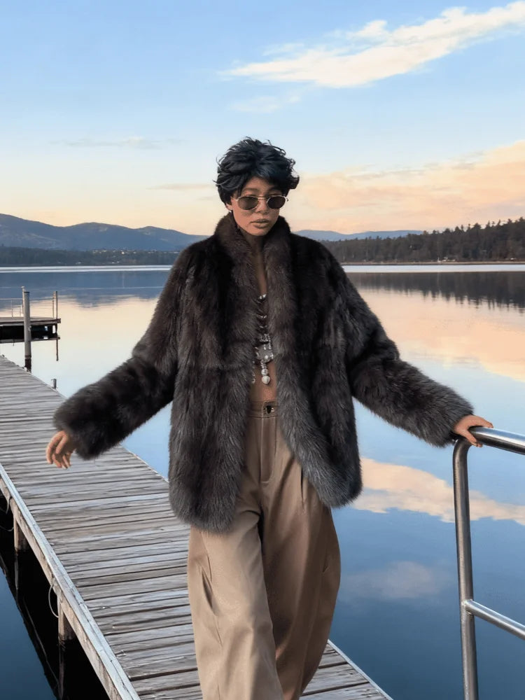 Lady Faux Fur Short Coat Women Lapel Hidden Button Full Sleeve Loose Warm Outwear 2025 New Winter Office Commute Overcoat New