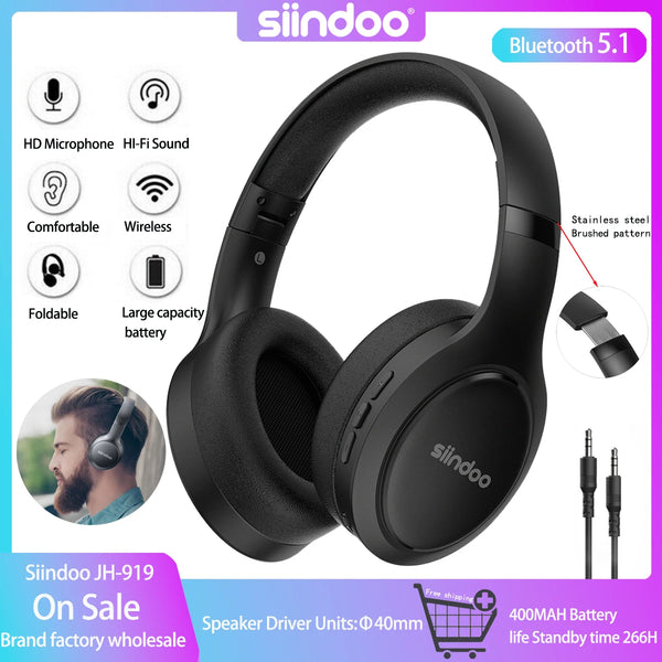 Siindoo JH-919 Wireless Bluetooth Headphones Foldable Stereo Earphones Super Bass Noise Reduction Mic For Iphone Laptop PC TV Wofashion.xyz