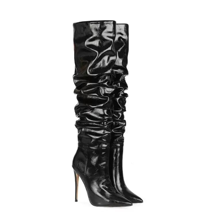 2024 Autumn and Winter New Fashionable High-heeled Pleated Sleeve Boots, European and American Sexy Fashion Runway Boots