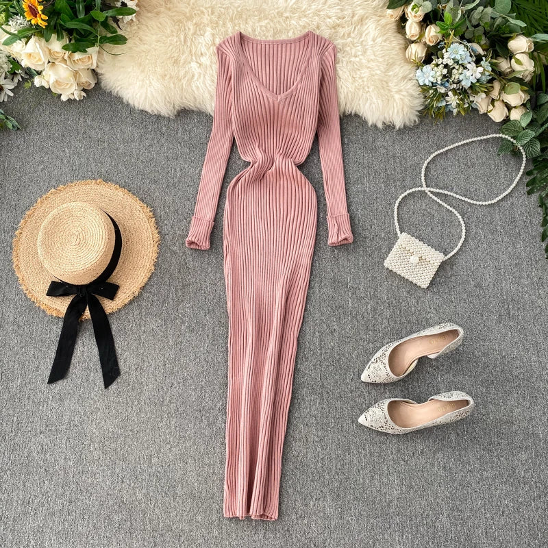 Women's Knitted Midi Dr Pure Color Long Sve Slim Fit High Waist V-Ne Korean Sle Faionable Autumn Winter Dr