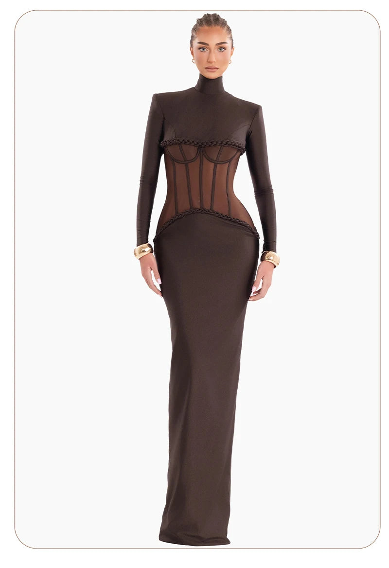 Luxury Sheer Corset Brown Long Dresses for Women – Long Sleeve High Neck See Through Bodycon Maxi Dress with Mesh Waist Detail