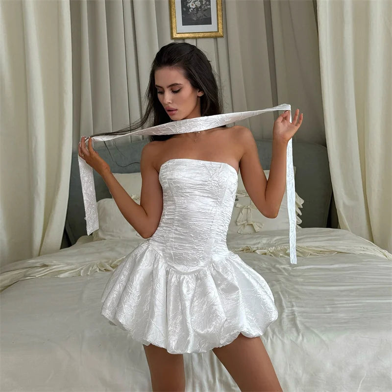 Mozision Halter Off-shoulder Strapless Sexy Mini Dress Women White Sleeveless Backless High Waist A-line Club Party Dress Female