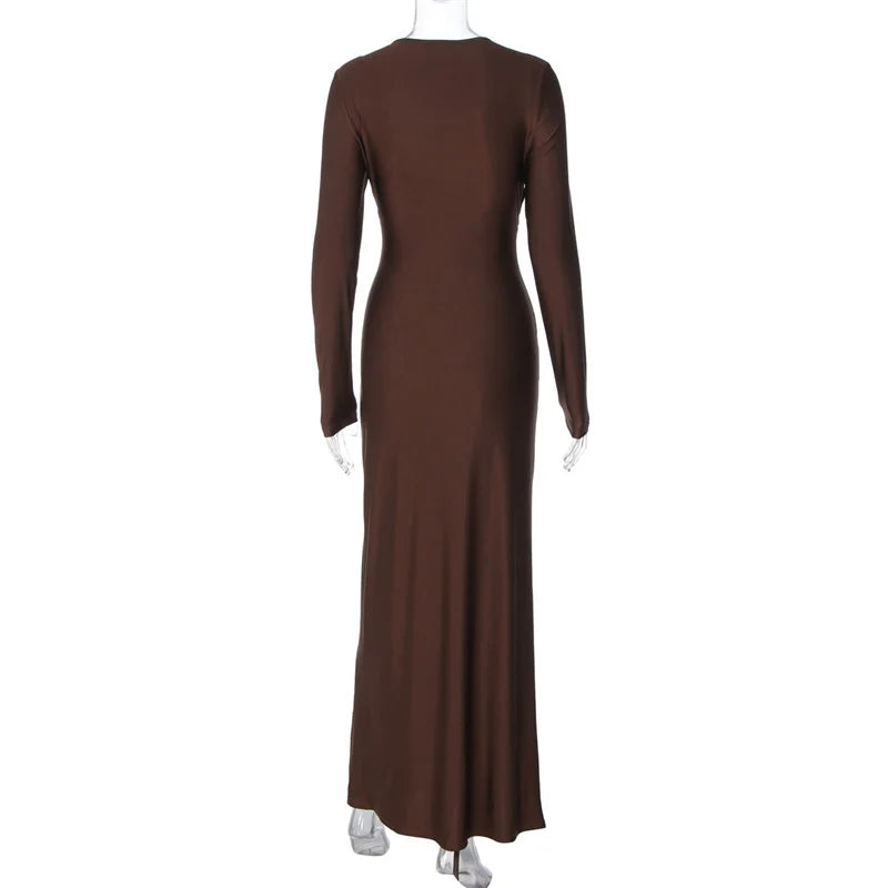 Mozision Long Sleeve Draped Ruched Sexy Maxi Dress Women Gown Elegant O Neck High Waist Bodycon Club Party Long Dresses Female