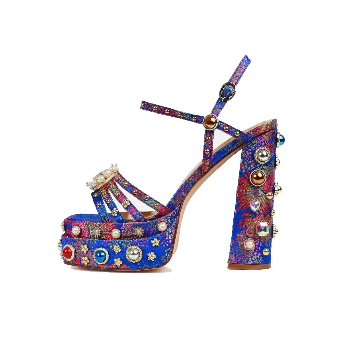 2025 Women's High-heeled Thick Soled Single Buckle Sandals with European and American Sexy Silk Rhinestone Party Shoes