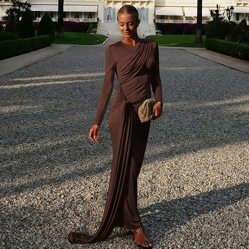 Mozision Long Sleeve Draped Ruched Sexy Maxi Dress Women Gown Elegant O Neck High Waist Bodycon Club Party Long Dresses Female
