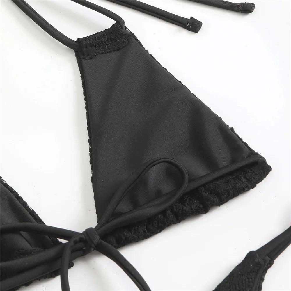 Beige Flower Mesh String Halter Bikinis Sets 4 Piece Sexy Swimsuit Women Long Sleeve Cover Up Swimwear Triangle Bikini Beachwear