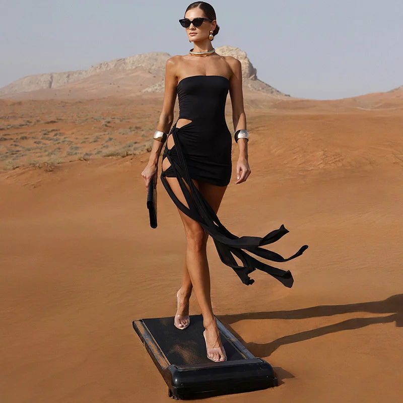 Mozision Off-shoulder Strapless Ruched Sexy Mini Dress Women Fashion Hollow Out Sleeveless Backless Draped Club Party Dresses