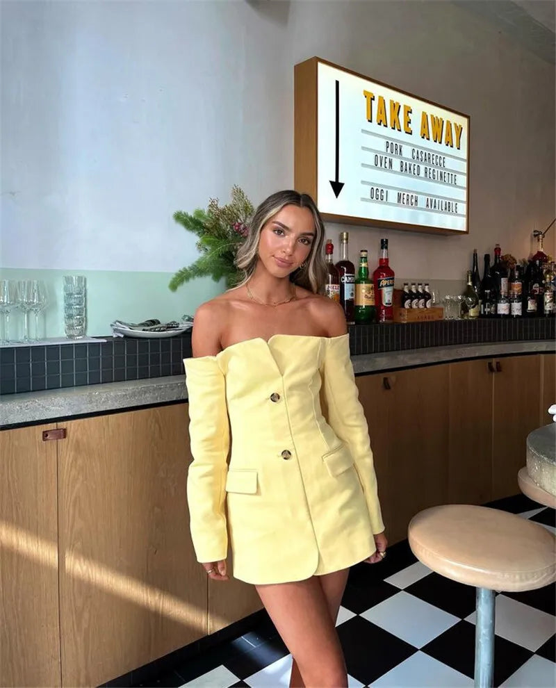 Mozision Off-shoulder Strapless Sexy Blazer Dress For Women Fashion Solid Zipper Two Pocket Long Sleeve Backless Mini Dress