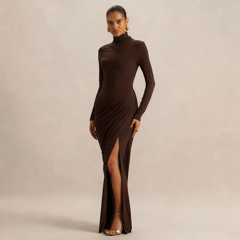 Mozision Turtleneck Long Sleeve Sexy Maxi Dress Women Elegant Autumn Winter High Waist Ruched Thigh High Split Club Long Dress