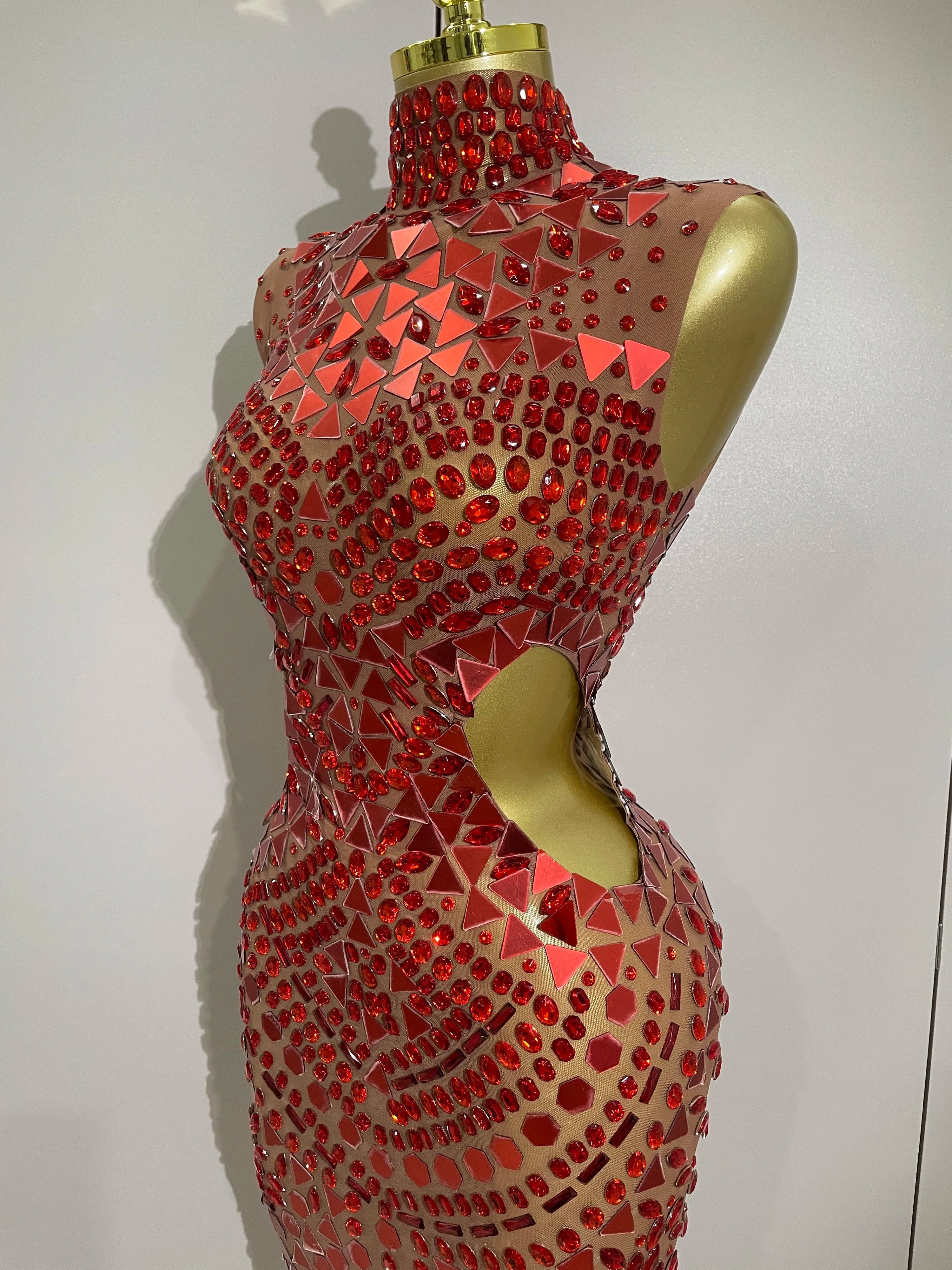 Luxury Shiny Mirror Rhinestones Hollowed-out Long Dress 2025Women Celebrity Evening Party Catwalk Prom Stage Photo Shoot Dresses