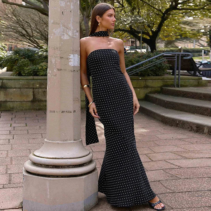 Mozision Polka Dot Strapless Sexy Maxi Dress Women Gown Elegant Scarf Collar Off-shoulder Backless Sleeveless Club Party Dress