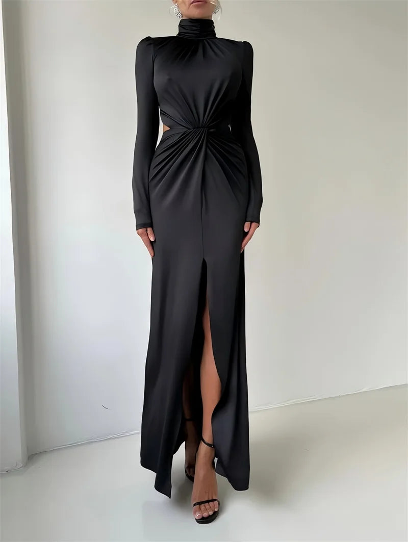 Mozision Turtleneck Backless Sexy Maxi Dress Women Gown Autumn Winter Elegant Long Sleeve Thigh High Split Club Party Long Dress