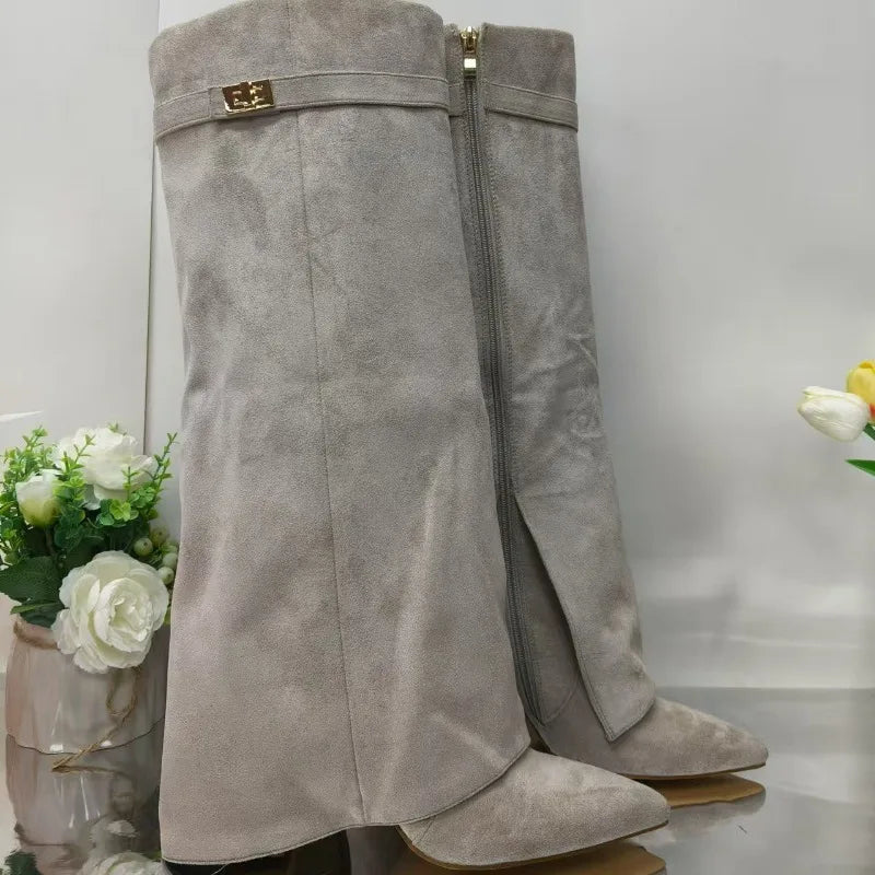 European and American Autumn and Winter New Pointed Straight Leg Skirt Boots for Women, Large Size Thick High Heels Pants Boots