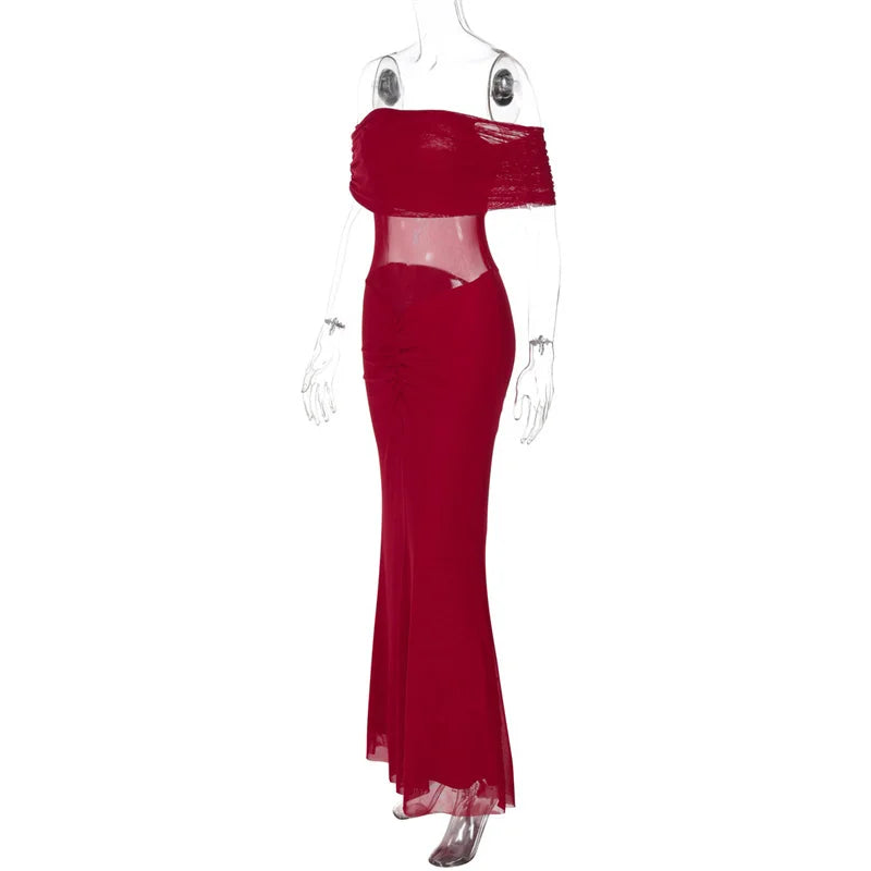 Mozision Off-shoulder Backless Sexy Maxi Dress Women Summer Fashion Strapless Sleeveless See Through Club Party Long Dress