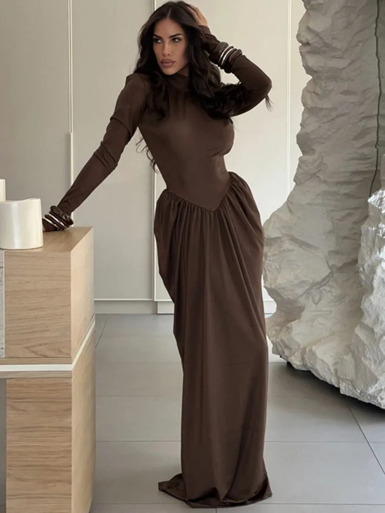 Mozision Turtleneck Long Sleeve Sexy Maxi Dress Women Gown Autumn Winter Elegant High Waist Draped Ruched Club Party Long Dress