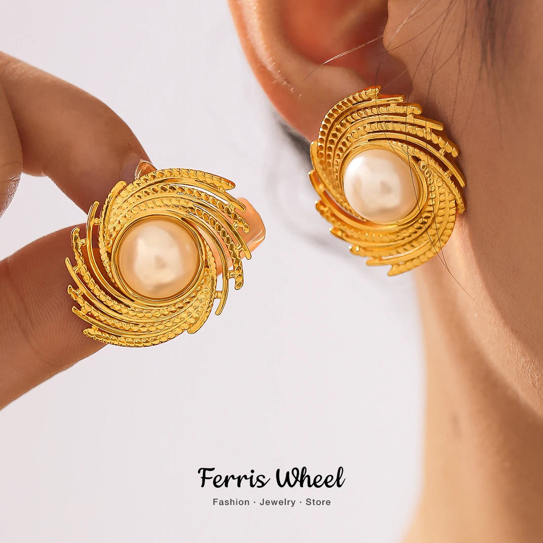 Dynamic Earrings For Women Roated Pearl Luxury Stainless Steel Vintage Gold Plated Waterproof Ear Stud Charm Jewelry Gift Wofashion.xyz