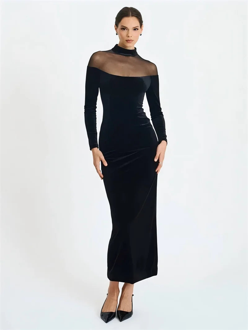 Mozision Sheer Off-shoulder Long Sleeve Sexy Maxi Dress Women Gown Elegant Half High Collar Backless Bodycon Club Party Dresses